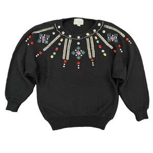 Vintage Jewelled Christmas Sweater Beads Rhinestones Shoulder Pads Women's L